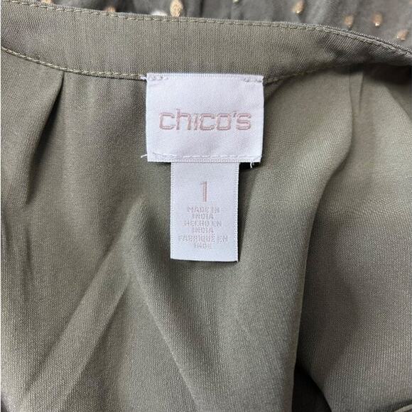 Chico's Women’s Green Jacquard Dot Embroidered  Velvet Details Peasant Blouse M - Picture 7 of 13